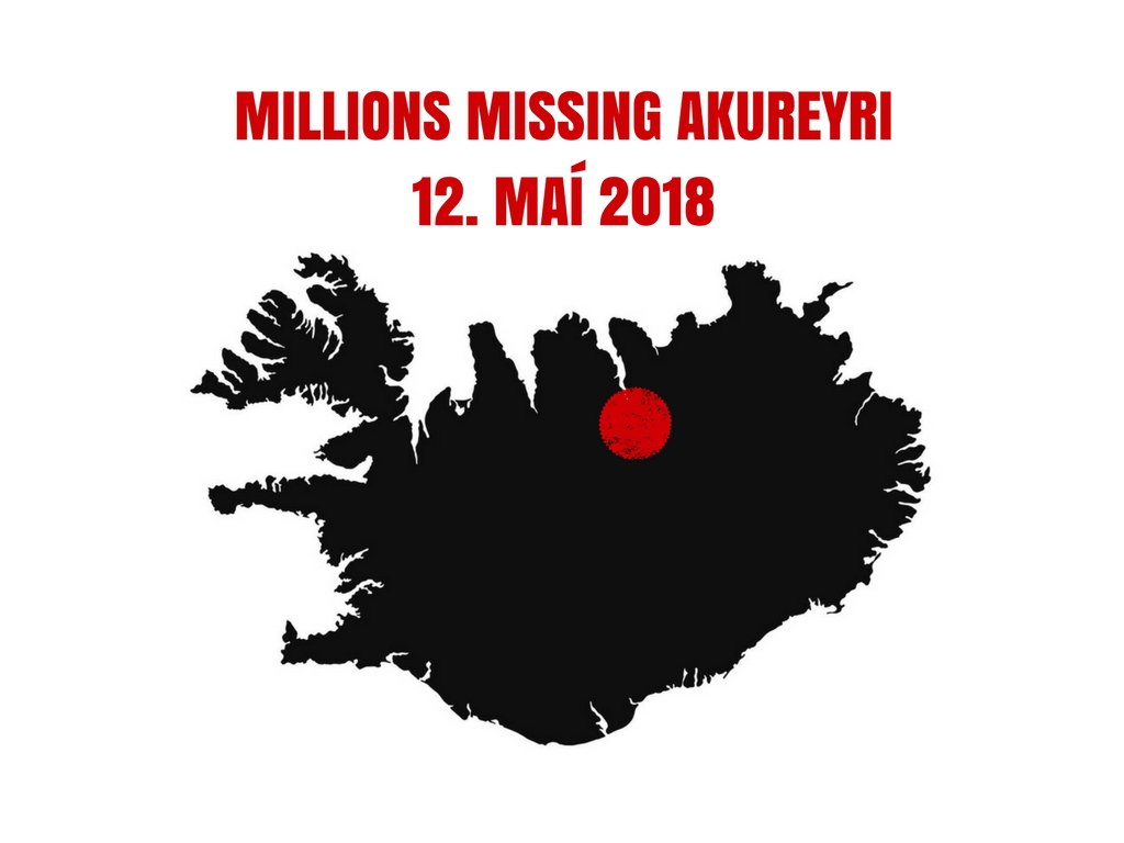 MILLIONS MISSING AKUREYRI SVART ÍSLANDSKORT Svart Íslandskort með rauðum punkti á Aureyri