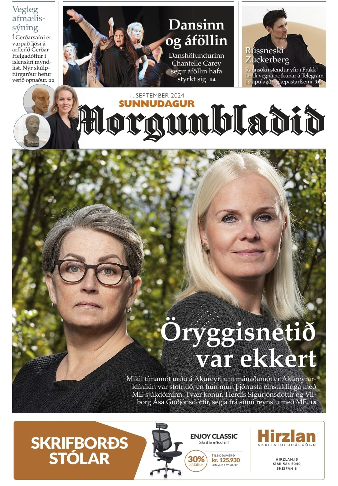 Skjáskot af forsíðu Morgunblaðsins 1. septemer 2024 með stórri mynd af Herdísi og Vilborgu