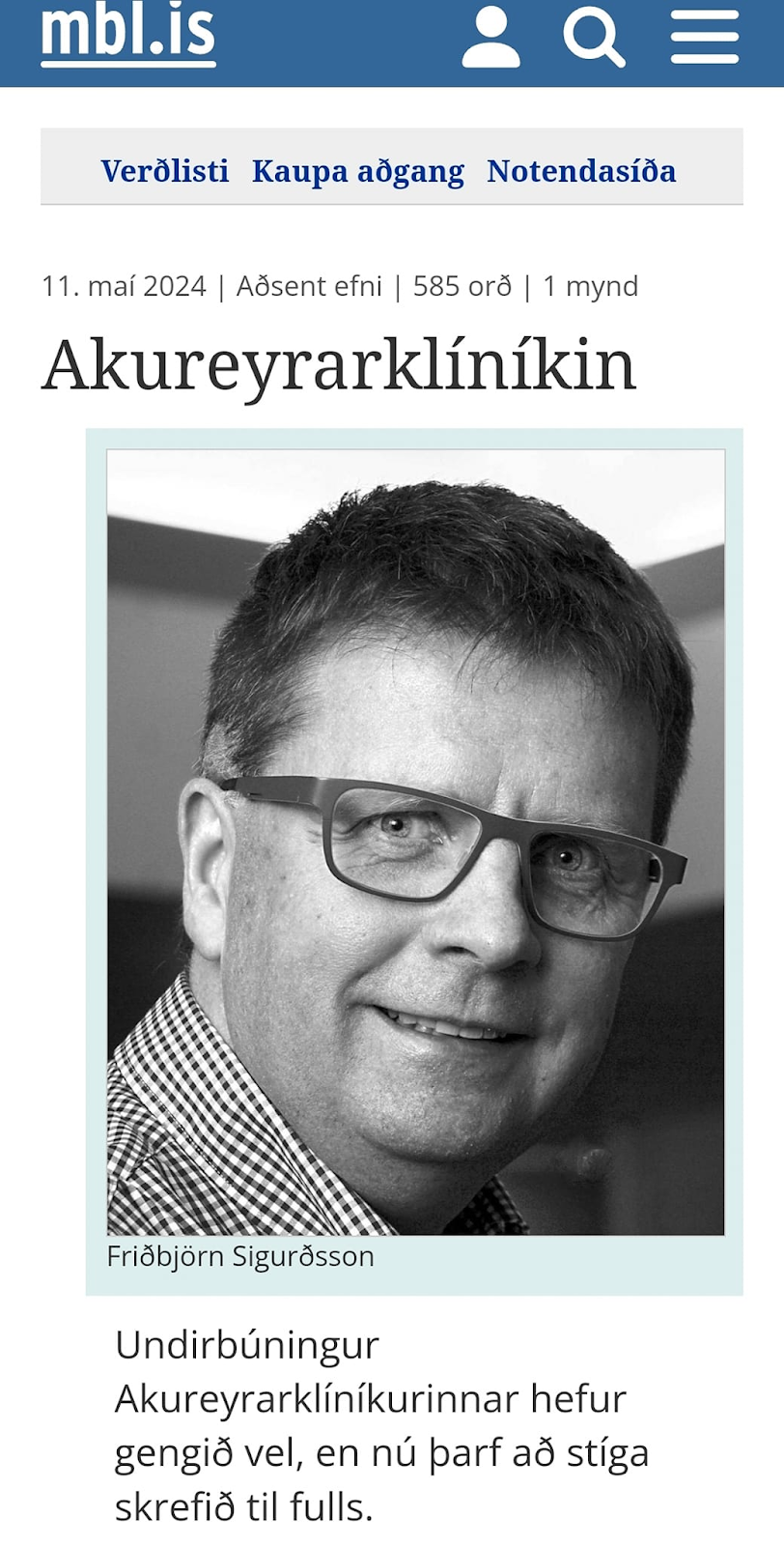 Skjáskot af aðsendri frétt frá 11. maí 2024 á mbl.is eftir Friðbjörn Sigurðsson
