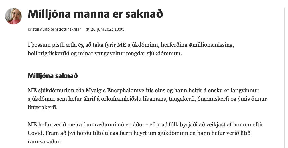 Skjáskot af vísi.is: Skoðanapistill eftir Kristínu Auðbjörnsdóttur, 26. júní 2023. Titillinn er Milljóna manna er saknað